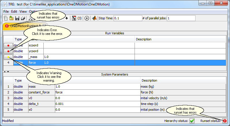 This particular runset has warnings and errors. Click the red dot or yellow dot to see the message. 